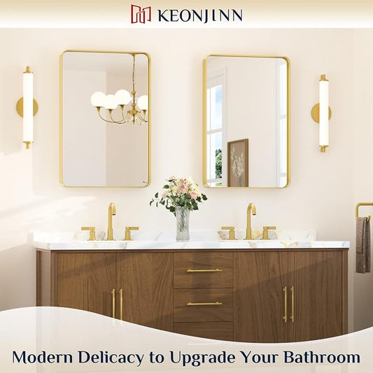 Keonjinn Gold Bathroom Mirrors for Wall 20 x 30 Inch Rounded Rectangle Gold - Image 2