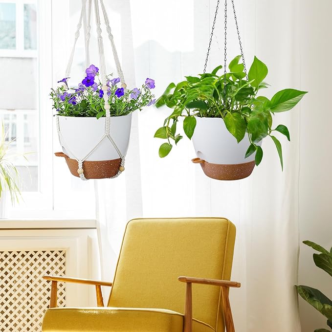 Self Watering Hanging Planters 10 inch, 2 Pack Hanging Baskets for Indoor Outdoor Plants, Hanging Flower Pots with Drainage Holes & 2 Kinds of Plant Hangers for Garden Home Décor, White Brown