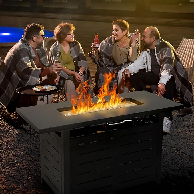 Hykolity 42 Inch Gas Fire Pit Table, 60,000 BTU Propane Pits for Outside with Steel Lid and Waterproof Cover, 2 in 1 Firepit Table Gatherings Parties on Patio Deck Garden Backyard, Black