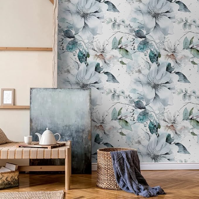 Ice Blue White Large Hyacinth Floral Green Leaf Peel and Stick Wallpaper Wall - Image 7
