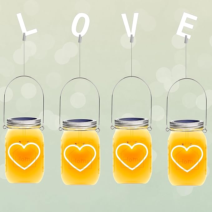 Hanging Solar Mason Jar Lights, 2 Pack Warm Heart Shape Led Lights, Solar Powered Lanterns Outdoor Waterproof, Hangers and Jars Included, Gift for Lover, Home Party Wedding Garden Patio Decor (2)
