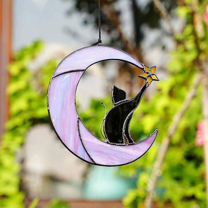 HDCRYSTALGIFTS 6.5'' Black Cat Decor on Purple Moon Stained Glass Window Hanging Suncatcher,Wall Art Glass Window Panel Sun Catcher,Halloween Ornament Decoration Memorial Gift for Lover Cat Loss