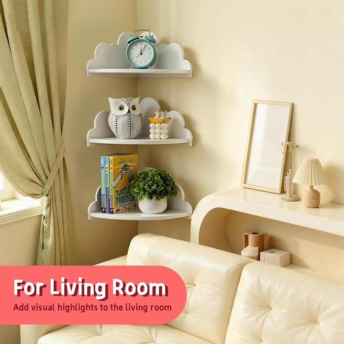 Cloud Corner Floating Shelves,Set of 3 White Corner Wall Shelf Floating Wooden - Image 7