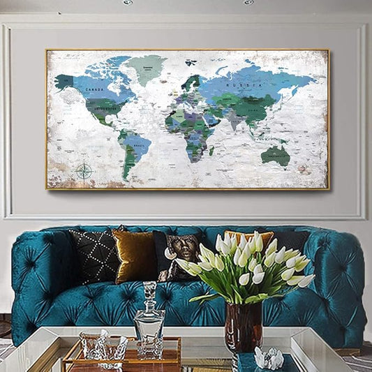 Framed Wall Art World Map Wall Art Canvas Picture 30inchx60inch Large Blue Map - Image 2