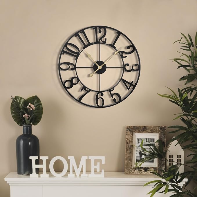 LEIKE Large Wall Clock, Battery Operated, Decorative Retro Black Metal Clock - Image 8