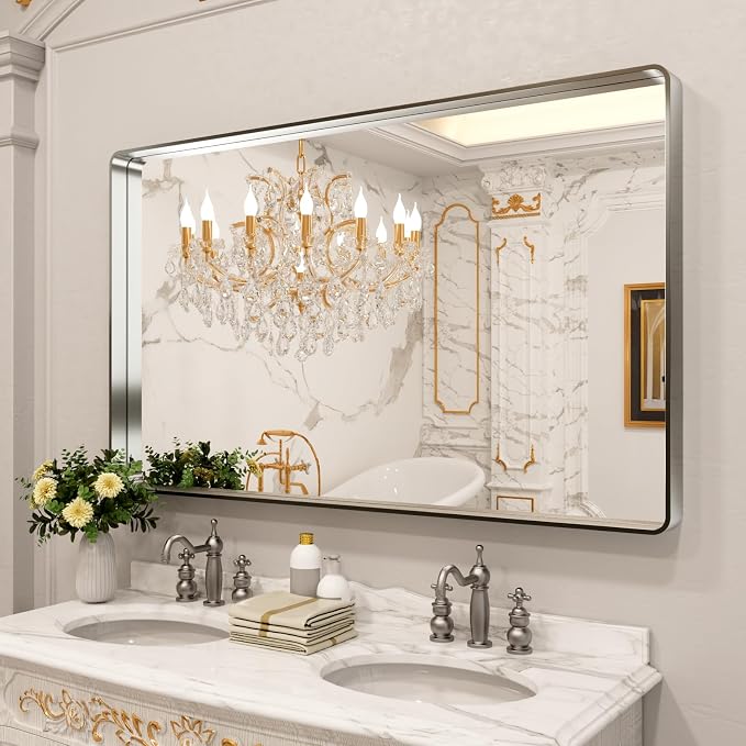 LOAAO 60X28 Inch Brushed Nickel Bathroom Mirror, Rounded Rectangle Silver Metal - Image 8
