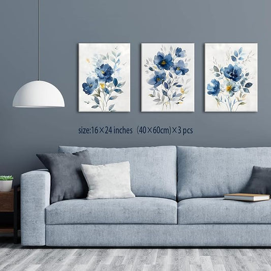KISSFOX Framed Colorful Wildflower Blue Canvas Wall Art Set Of 3 Flowers - Image 2