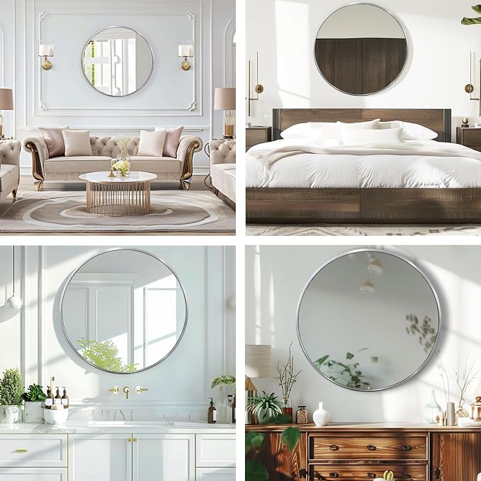 Round Silver Mirror, 24 Inch Circle Silver Mirror, Metal Frame Round Wall - Image 5