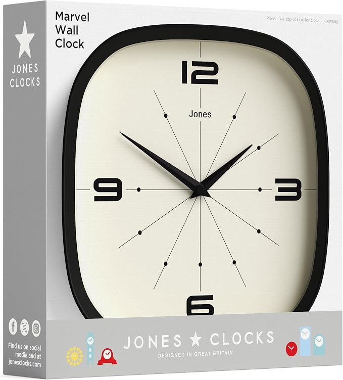 JONES CLOCKS® Pulsar wall Clock | Square Rounded Retro Clock | 10 inch | Black - Image 8