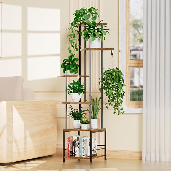 Plant Stand Indoor with Grow Light, 6-Tiered Tall Plant Stand Indoor, Metal Plant Shelf with Hanging Basket Hook and Adjustable Light, Ideal for Living Room, Garden, Patio, (Brown and Black)