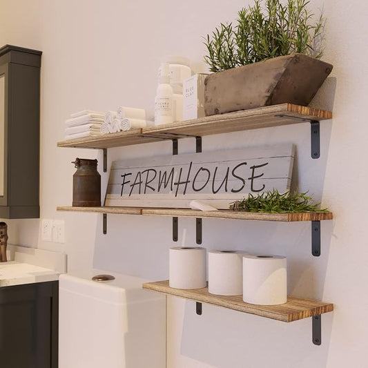 RICHER HOUSE Rustic Wood Shelves Set of 5, Farmhouse Style Floating Shelf - Image 2