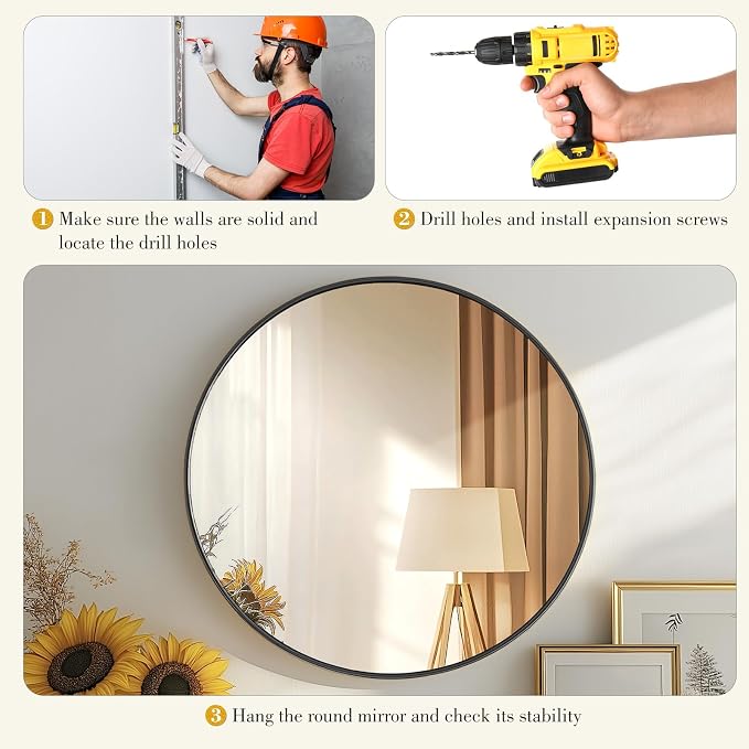 DUMOS Black Circle Mirror for Wall 20.02 inch, Bathroom Round Mirror for Over - Image 7