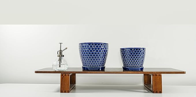 Docrin Ceramic Plant Pots Indoor, 6.6 + 5.5 Inch Planters with Drainage Holes and Saucer for Home/Office - Set of 2 /Blue Honeycomb