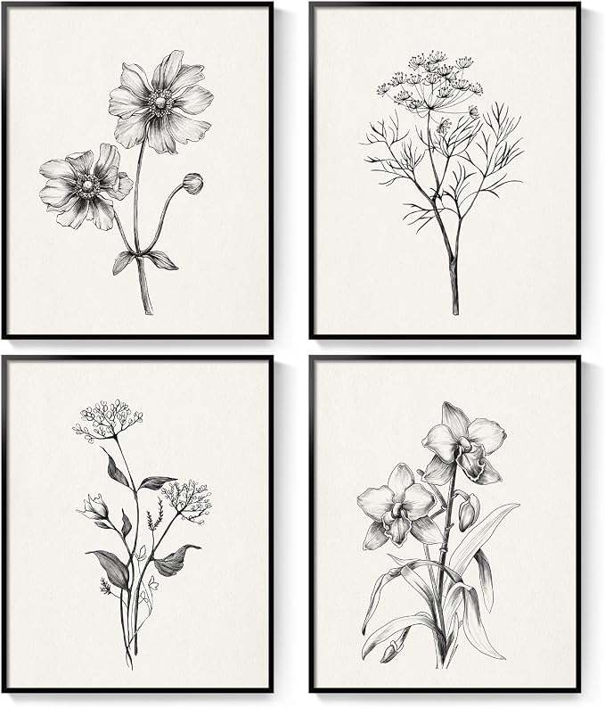 Framed Black and White Bathroom Wall Art, 4 Piece Vintage Floral Canvas Prints - Image 9