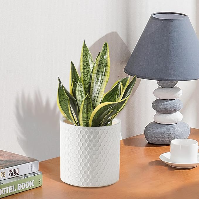Docrin Ceramic Planters Indoor, 8 Inch Plant Pot with Drainage Holes for Home/Office - White Honeycomb