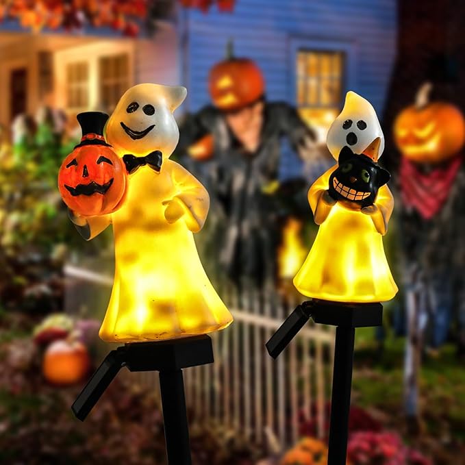 Halloween Decorations – Set of 2 Solar-Powered Ghost Decor with LED Lights, Weather-Resistant Outdoor Lighting for Garden, Pathways, and Parties