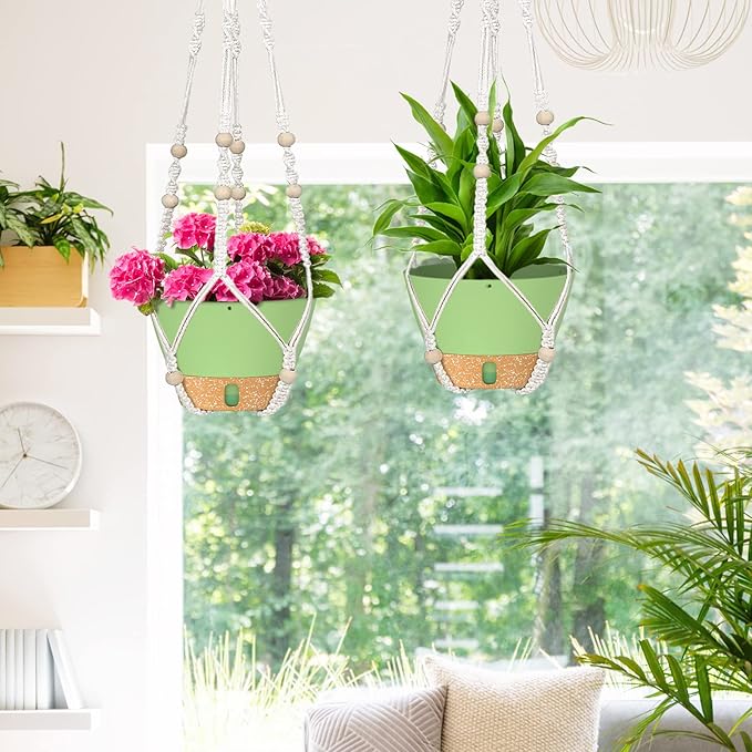 ZMTECH 2 Pack 10 Inch Hanging Planters with Macrame Plant Hanger for Indoor and Outdoor Plants, Self Watering, Drainage Hole, Visible Level Tray, Green