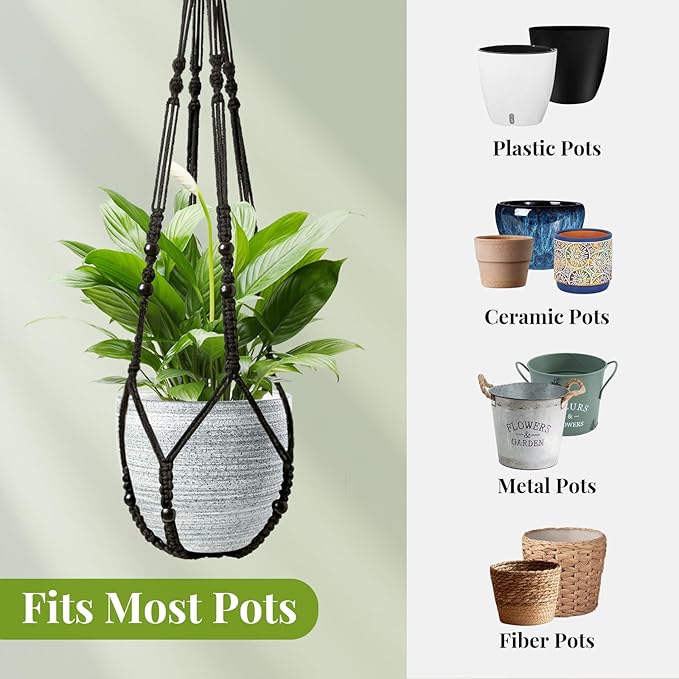 Macrame Plant Hanger Indoor Set of 2 with 4 Hooks, Indoor Outdoor Hanging Planter for Plants Holder with Decorative Wood Beads & No Tassels, Boho Home Decor, 35 Inch Black (Pots Not Included)