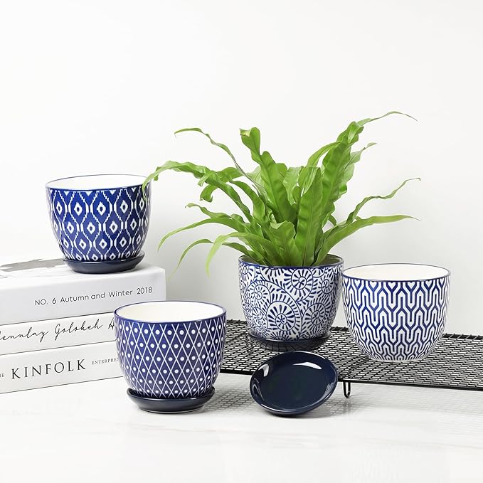 Selamica Ceramic Plant Pots, 4.6 Inch Flower Pots for Indoor Plants, Succulent Pots with Drainage Hole & Saucer, Succulent Planters for Succulent Cactus, Home Decor, Set of 4, Vintage Blue