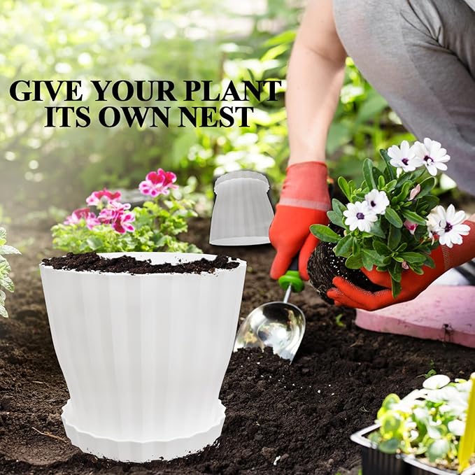 Flower Pots Outdoor Clearance 6 inch Set of 5 Succulent Planters for Indoor Plants Garden Home Holiday, Plastic Nursery Pots for Plants with Drainage Holes and Saucer, Modern Plant Pot White