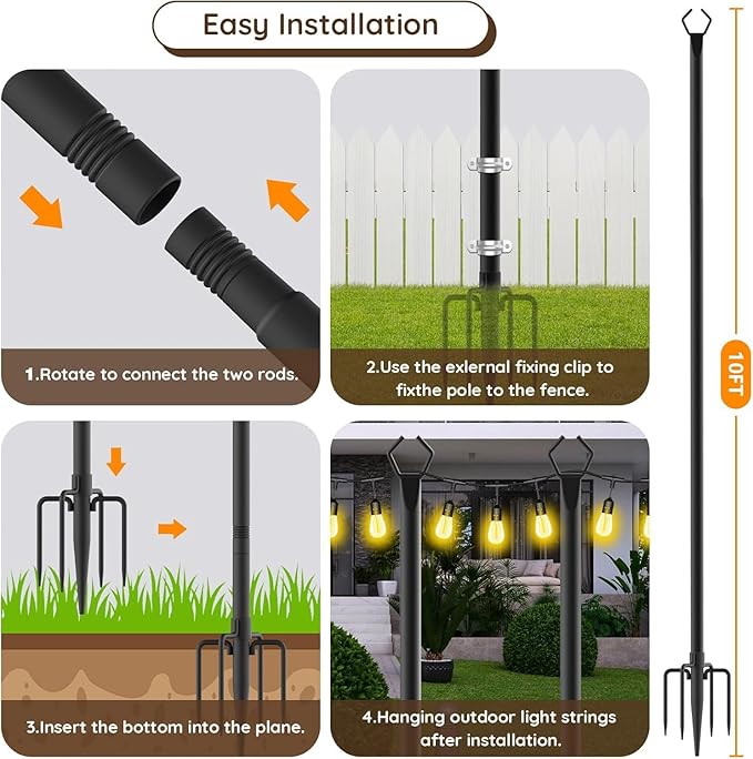 10Ft String Light Poles 2 Pack,Light Poles for Outside Lights,Outdoor with Fence Brackets Hanging Lights,Metal Stand Deck Patio Backyard