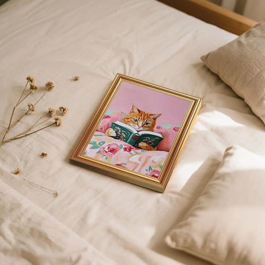 Fantasy Artists Gold Framed Wall Art Prints, Cute Orange Cat Reading a Green - Image 2