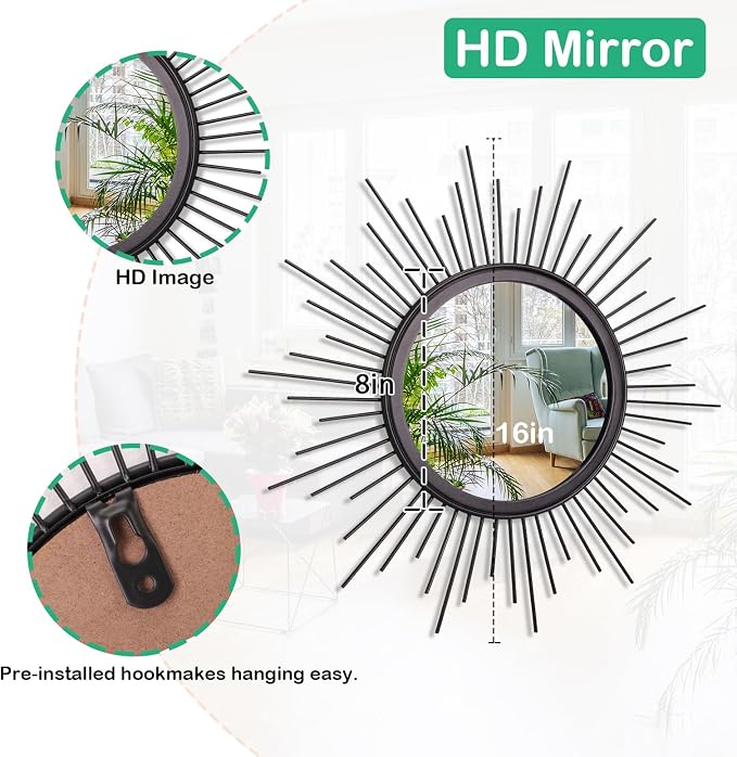 Black Sunburst Spoked Mirrors for Wall Boho Home Round Wall Art Mirror Classic - Image 7