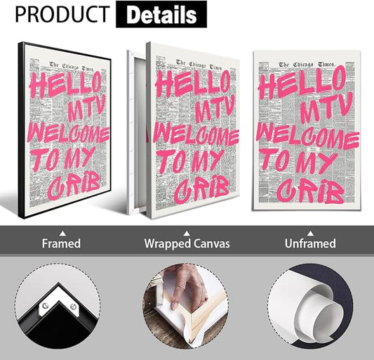 Enlaizhude Pink Hello MTV Welcome To My Crib Quote Poster, Vintage Black White - Image 2