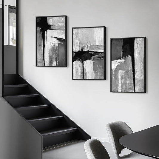 Large Framed Black and White Gray Abstract Wall Art - Image 2