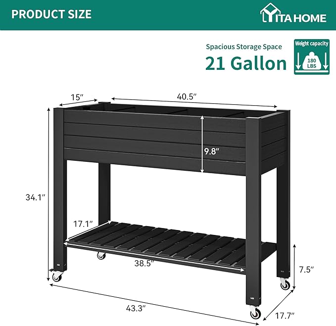 YITAHOME 43.3x17.7x34 in Elevated Garden Bed, Outdoor Plastic Planter Box with Wheels, Legs, Drain Plug, and Storage Shelf for Plants, Vegetables, Flowers, Herbs, Black
