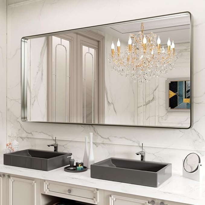 LOAAO 72X32 Inch Brushed Nickel Bathroom Mirror, Rounded Rectangle Silver Metal - Image 8