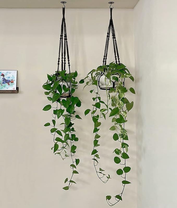 Mkono Macrame Plant Hanger Indoor Hanging Planter Basket with Wood Beads Decorative Flower Pot Holder No Tassels for Indoor Outdoor Boho Home Decor 35 Inch, Black, Set of 3 (POTS NOT Included)
