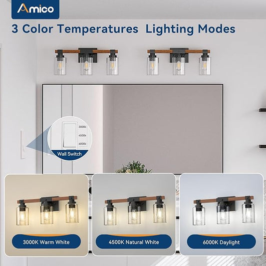 Amico 3-Light Farmhouse Vanity Light Fixture, Rustic Wood Bathroom Light - Image 2