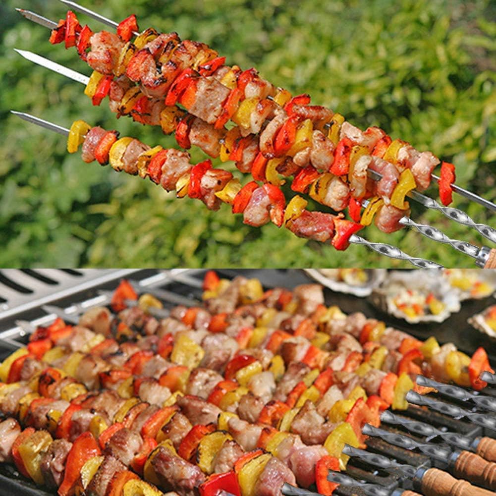 12 Pack Kabob Skewers BBQ Barbecue Skewers Stainless Steel Sticks 22 Inch Heavy Duty Large Wide Reusable with Nonslip Wooden Handle Ideal for Shish Kebab Chicken Shrimp and Vegetables
