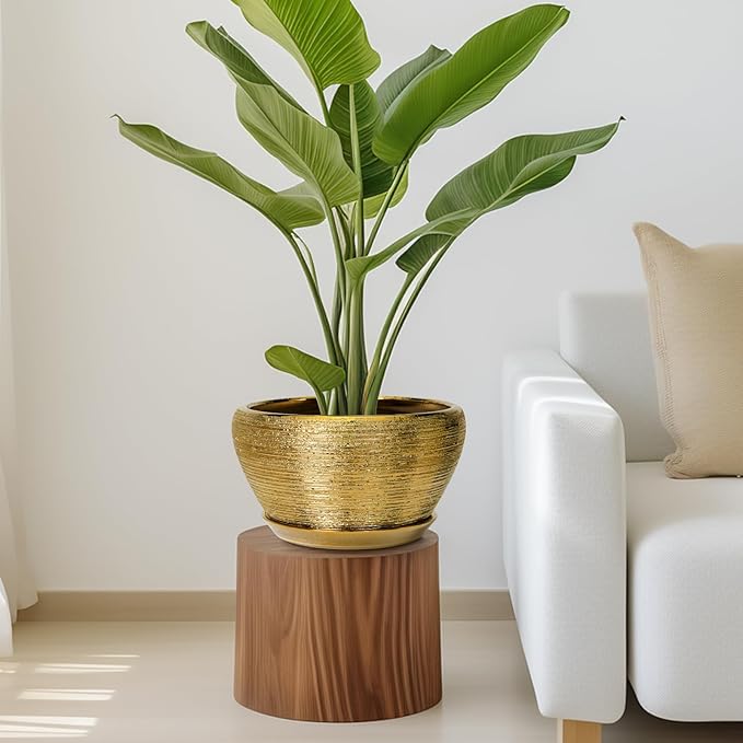 Ceramic Planter 11 Inch - Indoor Plant Pot with Drainage Hole and Saucer Large Planter for Outdoor Plants Mid-Century Decorative Flower Pot for Home Decor Gold