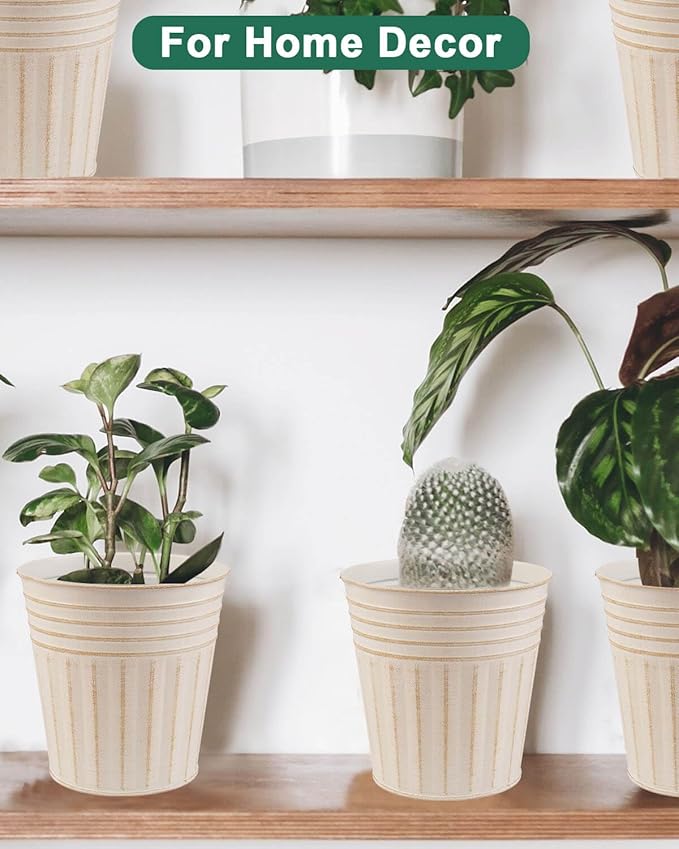 vensovo 6 Inch Beige Metal Rustic Flower Pots - 6Pcs Galvanized Planters with Drainage Hole and Rubber Plug, Rustproof Metal Bucket Plant Pots Farmhouse Vintage Style for Decor