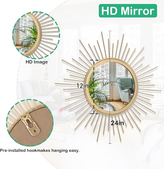 Gold Mirrors for Wall Metal Sunburst Wall Mirrors Home Décor Decorative Hanging - Image 7