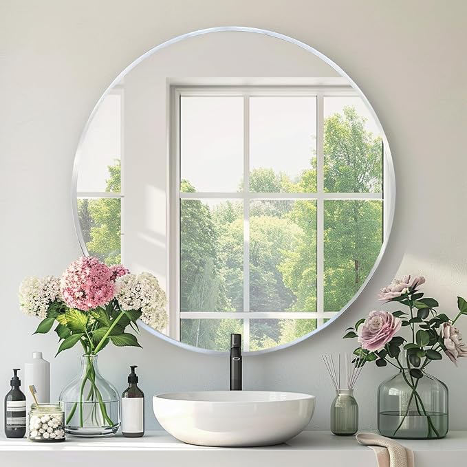 Circle Silver Mirror, Round Mirror 18 inch, Circle Wall Mirrors Metal Frame by Mfring
