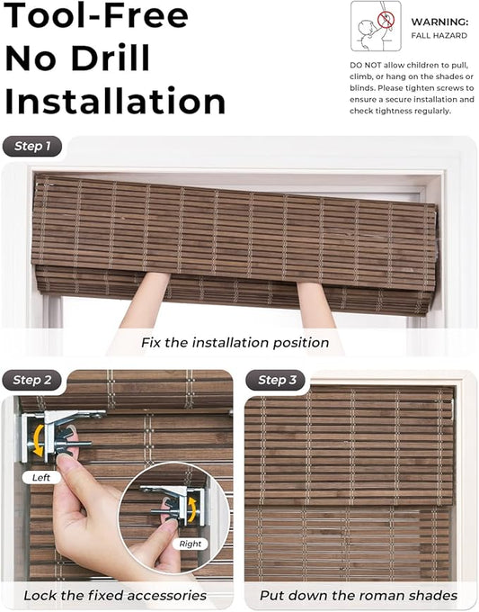 UNISHADES No Drill Cordless Bamboo Roman Shades, Light Filtering Woven Natural - Image 2