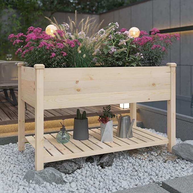 Raised Garden Bed with Storage Shelf 48.5x24.4x30 Inch, Elevated Wood Planter Box with Legs for Vegetable Flower Herb Outdoors Backyard, Patio, Balcony with Liner