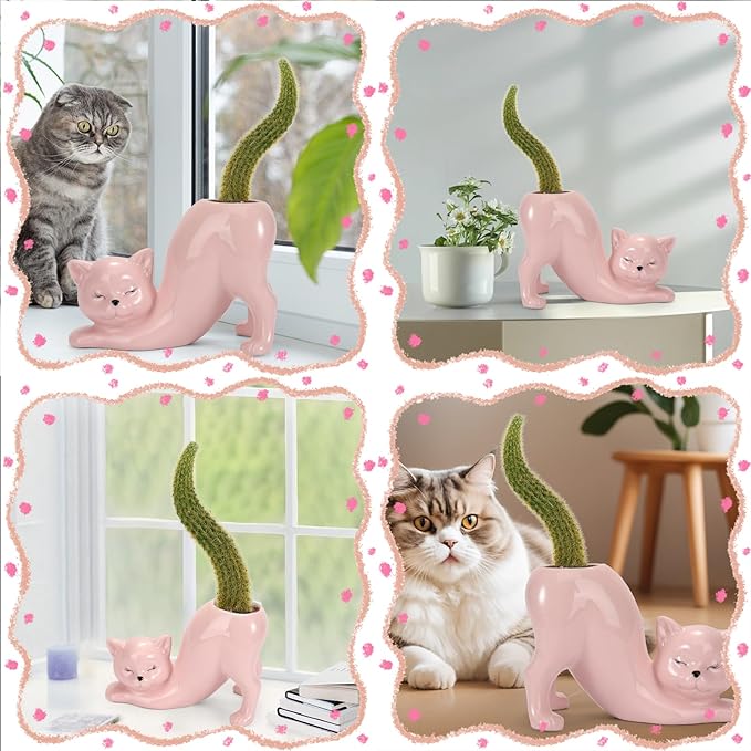 TOIVO Cat Planter Pot,Indoor and Outdoor Plant Displays,Funny Ceramics Cat Flower Pot,Cat Gifts for Cat Lovers,Lovely Office Desk Room Home Decor (Pink, Small)