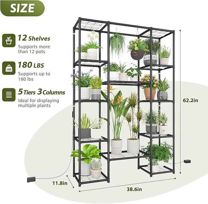 Plant Stand Indoor with Grow Lights Large Plant Shelf Plant Cabinet Hanging Plant Rack Metal Plant Holder for Multiple Plants for Living Room Patio Balcony Garden Black