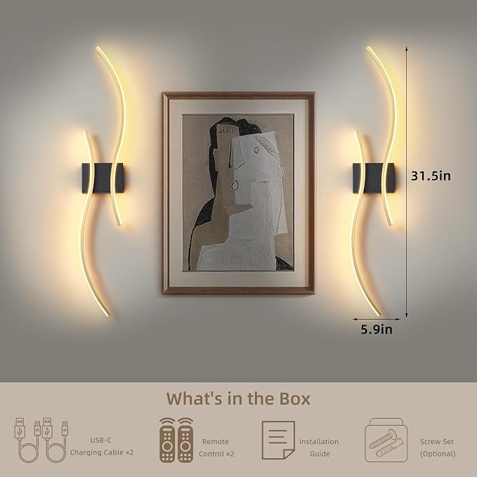 Battery Operated Wall Sconce Set of 2, Dimmable Modern LED Rechargeable Wall - Image 7