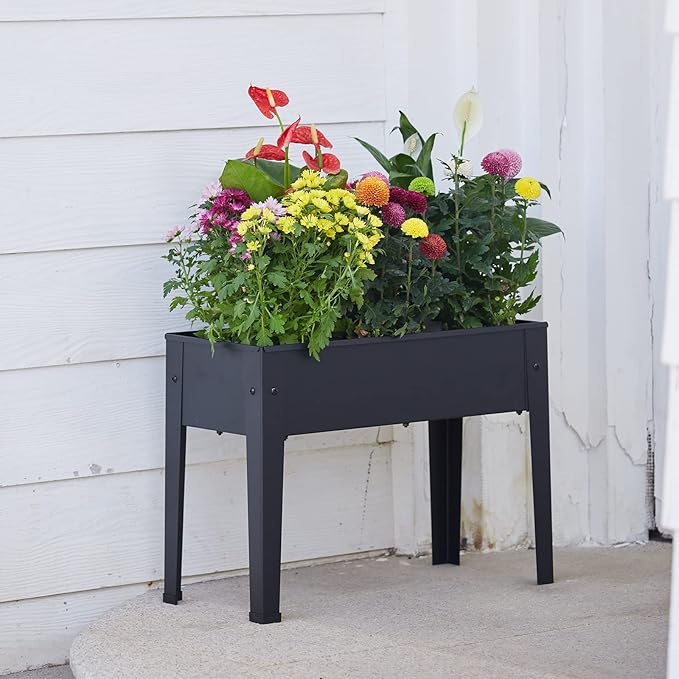 Raised Garden Bed, Elevated Planter Black Metal Plant Box with Legs Standing Garden Stand Drainage Holes Black(Black 24" L x 11" W x 18" H)