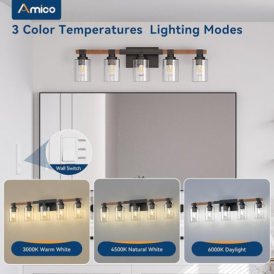 Amico Farmhouse Vanity Light Fixtures, Rustic 5-Light Industrial Painted Wood - Image 2