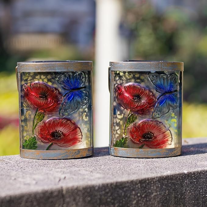2 Pack Glass Butterfly Solar Lanterns Outdoor Waterproof, Hanging LED Solar Lantern for Tabletop Garden Yard Patio Decor
