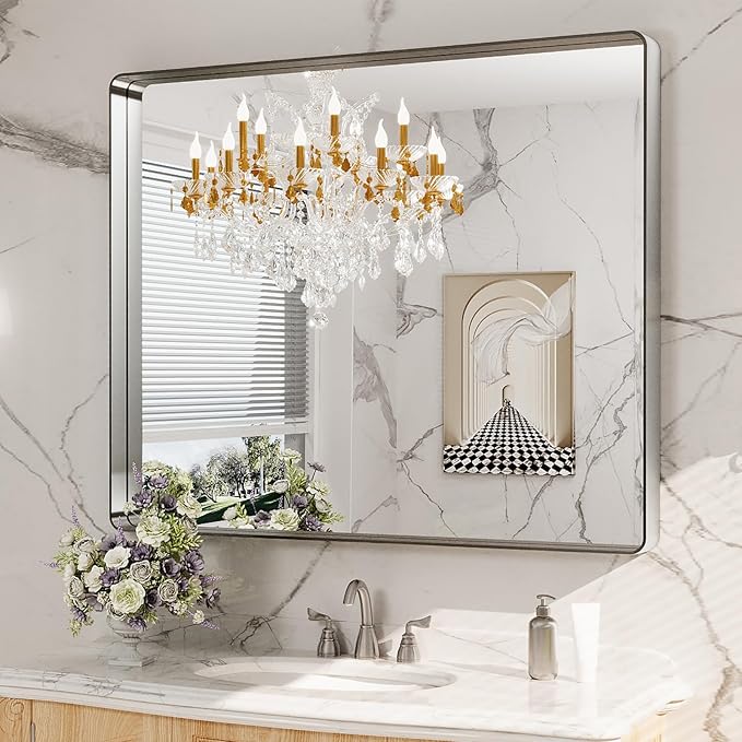 LOAAO 40X36 Inch Brushed Nickel Bathroom Mirror, Rounded Rectangle Silver Metal - Image 8