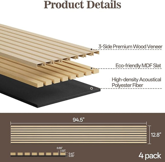 4 Pack Wood Panels for Wall, 94.4" x 12.8" Acoustic Wood Slat Wall Panel for - Image 2
