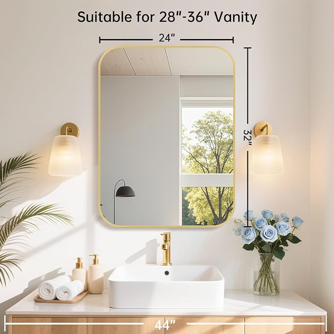 24x32 Inch Gold Bathroom Mirror, Brushed Gold Metal Framed Rectangular Mirror - Image 7