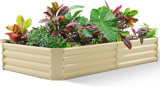 Land Guard 6×3×1ft Galvanized Metal Raised Garden Bed, Metal Planter Kit Box Outdoor for Deep-Rooted Vegetables, Flowers, Green and Herbs (Cream Yellow)…